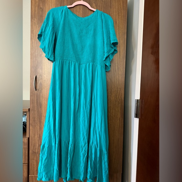 PYGFEMR Women Summer Empire Waist Dress Smocked Flutter Short Sleeve VNeck Midi - Picture 3 of 5